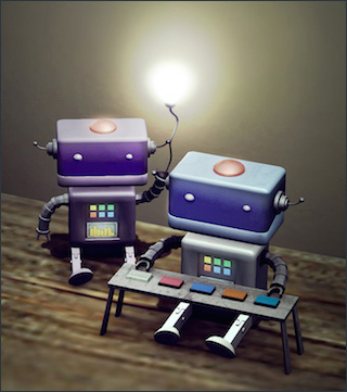 Rendering of two robots playing a game. Rendering of two robots playing a game.