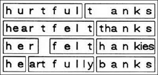 Diagram comparing the word boundary relationships among the similar utterances 'hurtful tanks,' 'heartfelt thanks,' 'her felt hankies,' and 'he artfully banks.' Diagram comparing the word boundary relationships among the similar utterances 'hurtful tanks,' 'heartfelt thanks,' 'her felt hankies,' and 'he artfully banks.'