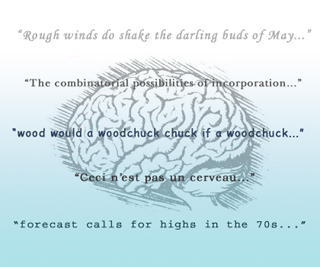 A brain overlayed with saying such as, 'Rough winds do shake the darling buds of May.' A brain overlayed with saying such as, 'Rough winds do shake the darling buds of May.'